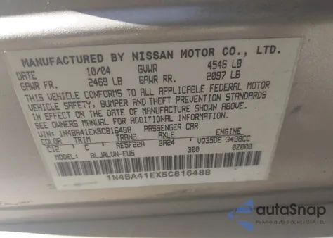 2005 Nissan Maxima 3.5 Sl from USA, damaged, VIN 1N4BA41EX5C816488